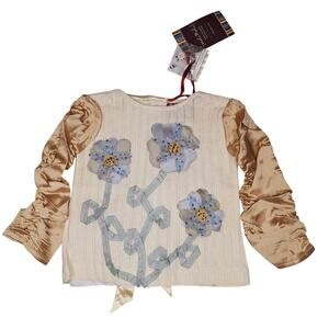 Meli Meli Boutique Mixed Media Top 2T Floral Applique Beaded Cotton Silk Cottage